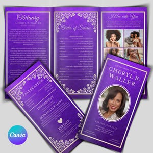 Puede incluir: Un programa conmemorativo púrpura de tres pliegues con un diseño floral y ribete dorado. El programa incluye el texto "Obituario", "Orden del servicio" y "Celebración de la vida". Se incluyen fotos del difunto. El logotipo de Canva está en la esquina inferior izquierda.