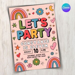 Op de afbeelding: Een roze feestuitnodiging met de tekst "LET'S PARTY" in kleurrijke letters. De uitnodiging bevat details voor Constance's elfde verjaardag, met regenbogen, sterren en harten.