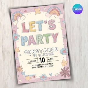Op de afbeelding: Een pastelkleurige uitnodiging voor een feestje met de woorden "LET'S PARTY" in grote, kleurrijke letters. De uitnodiging is voor Constance, die elf wordt, en bevat de datum, tijd en RSVP-informatie. Bloemen- en sterillustraties versieren de rand.