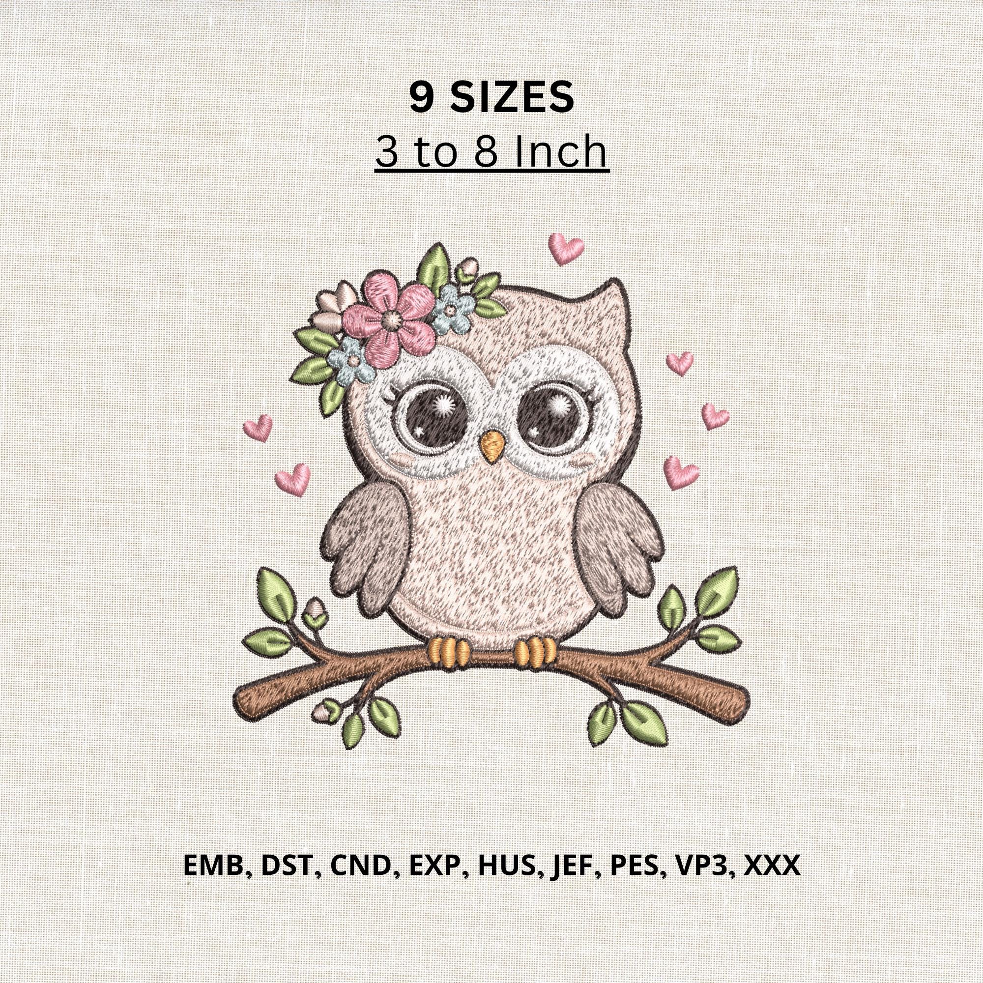 Owl Embroidery Design: Floral, Woodland, Nursery, Bird, Spring, Hearts, Nature, Pattern Stitch File
