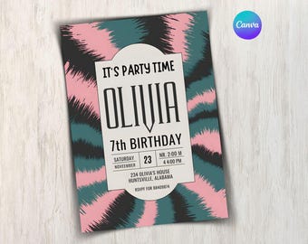 Plantilla de invitación para séptimo cumpleaños con efecto salpicado, invitación para fiesta de cumpleaños de niño, invitación digital Canva para fiesta de pintura