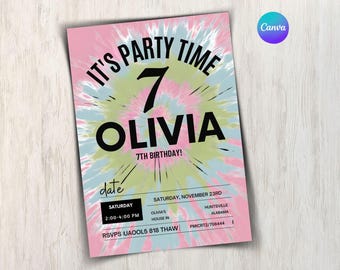 Invitación de fiesta de niño con salpicaduras de colores, plantilla editable para el séptimo cumpleaños de niño, invitación digital de cumpleaños de niño de Canva