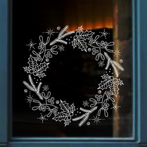 Plantilla para decoración navideña botánica de ventanas con corona - Diseño grande de acebo y bayas para rotulador de tiza - SVG imprimible de 20 páginas - Decoración navideña PNG