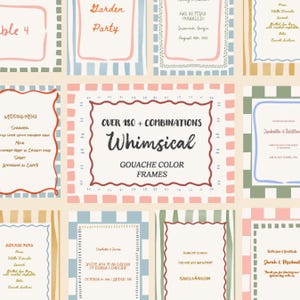Puede incluir: Una colección de marcos caprichosos de gouache en colores pastel, con bordes decorativos y texto. Los colores incluyen rosa, azul y verde. El texto incluye "Garden Party" y "Wedding Menu".