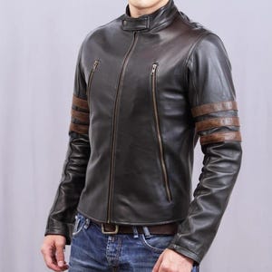 X Men Wolverine Gestreifte Lederjacke für Wolverine Logan-fans, Dunkelbraun