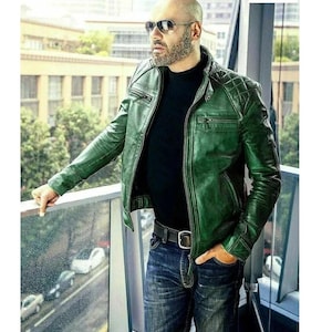 Chaqueta de cuero verde para hombre / Chaqueta de motociclista / Chaqueta de cuero acolchada de motociclista verde para hombre / Chaqueta de cuero acolchada de motocicleta Chaqueta de moda para hombre