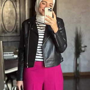 Women&#39;s Black Leather Bomber Jacket: Oversized Sheep Leather, Streetwear
