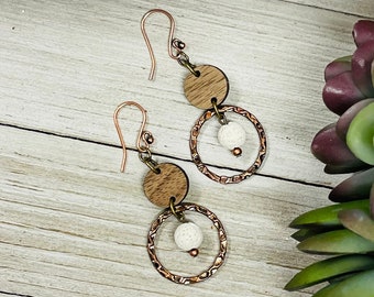 Essential Oil Diffuser Jewelry, Copper Hoop Earrings, White Lava Stone Earrings, Brown Hoop Dangles, Natural Wood Aromatherapy Jewelry