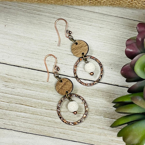 Essential Oil Diffuser Jewelry, Copper Hoop Earrings, White Lava Stone Earrings, Brown Hoop Dangles, Natural Wood Aromatherapy Jewelry
