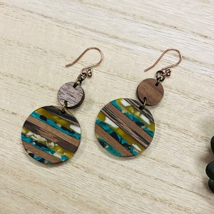 Brown Circle Earrings with Olive Green and Teal, Dangly Wood Earrings, Colorful Resin Earrings, Wood and Resin Earrings, Handmade Boho