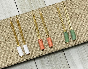 White Peach or Green Polymer Clay Beaded Earrings, Coral Peach Heishi Earrings, Simple Long Army Green and Gold Dangle Earrings for Her