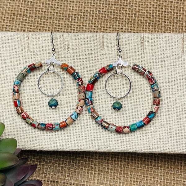 Colorful Gemstone Hoop Earrings, Jasper Stone Hoops, Turquoise Colored Jewelry, Handmade Gift for a Woman, Multicolored Accessories