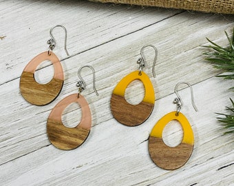 Wood and Resin Teardrop Earrings, Mustard Yellow Earrings, Peach and Brown Wooden Dangles, Handmade Jewelry, FREE SHIPPING