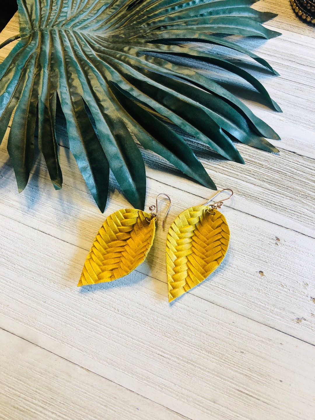 Mustard Yellow Leather Earrings, Folded Leather Leaf Earrings, Leather