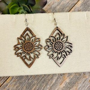 Wooden Sunflower Dangle Earrings: Handmade Fall Jewelry