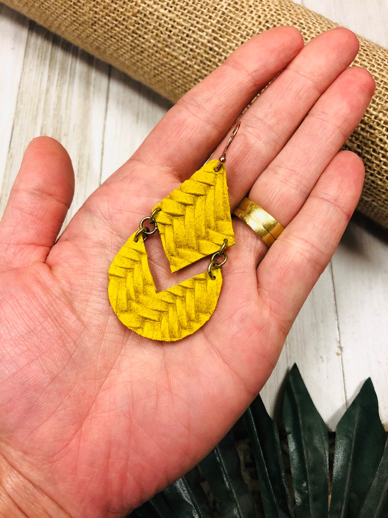 Mustard Yellow Leather Teardrop Earrings Herringbone Pattern Etsy