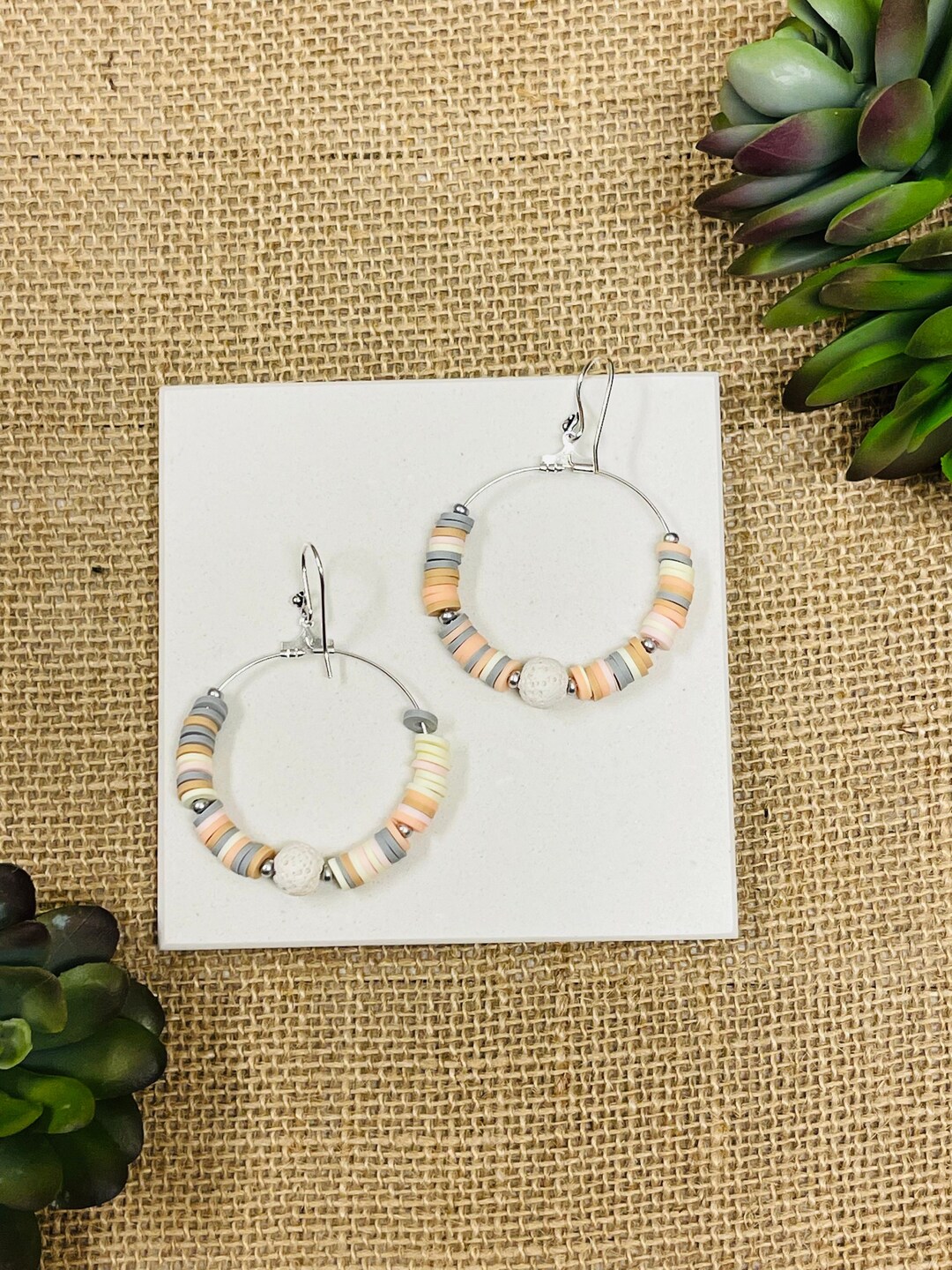 Pastel Hoop Earrings Heishi Beaded Hoop Earrings Lava Rock Etsy