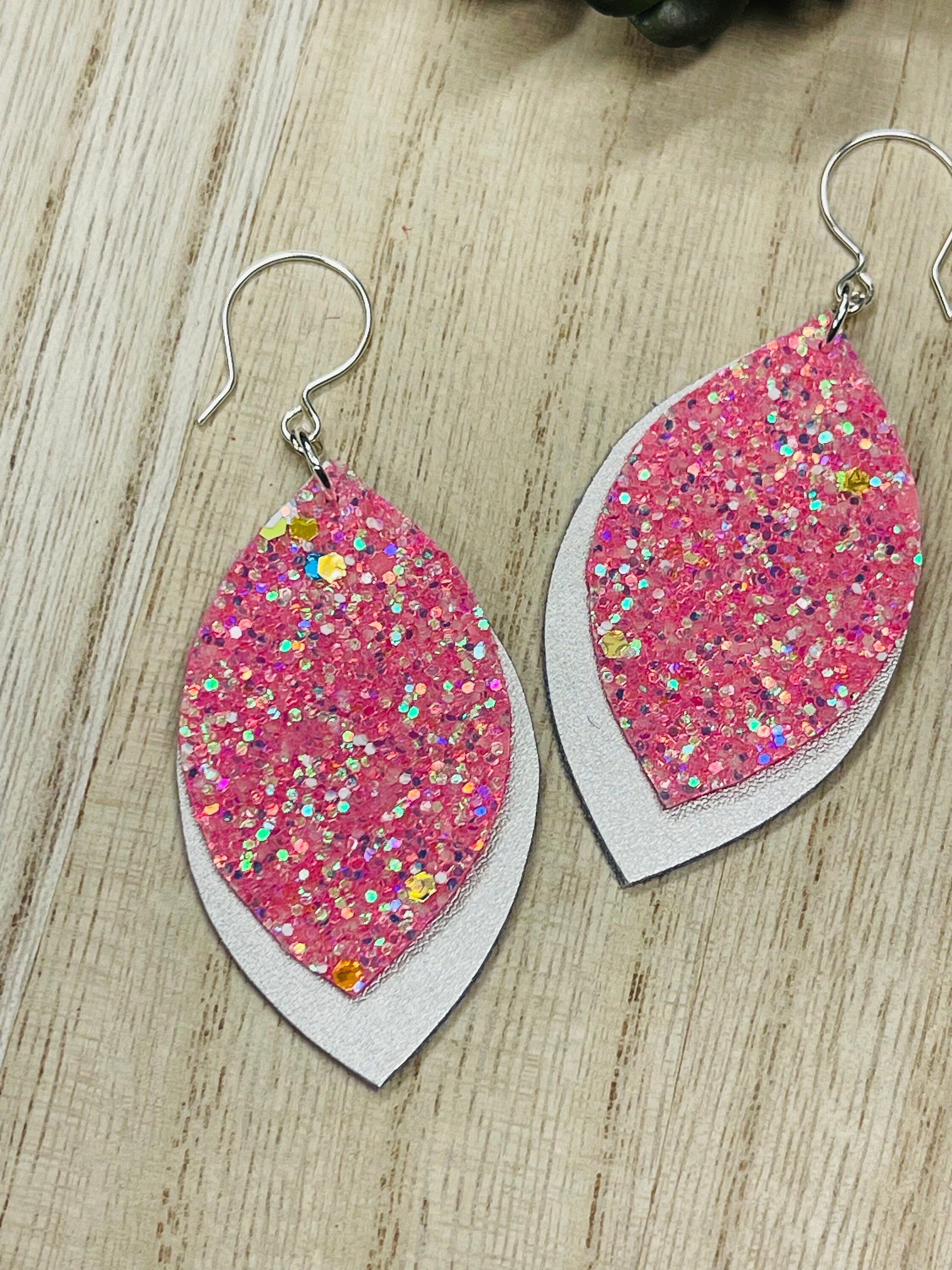 Light Pink Glitter Earrings Silver and Pink Leather Earrings Etsy