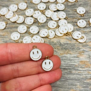 White Smiley Face Enamel and Gold Charm for Jewelry Making Supplies, Bulk Charms for Birthday Party Crafts, Small Happy Face Charm