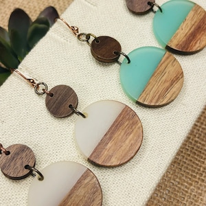 Aqua & Wood Circle Earrings, White Boho Color Block Wooden Earrings, Hypoallergenic Resin and Wood Earrings, Trendy Gift for her, Handmade