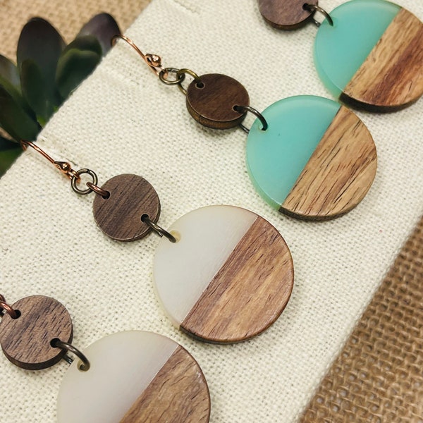 Aqua & Wood Circle Earrings, White Boho Color Block Wooden Earrings, Hypoallergenic Resin and Wood Earrings, Trendy Gift for her, Handmade