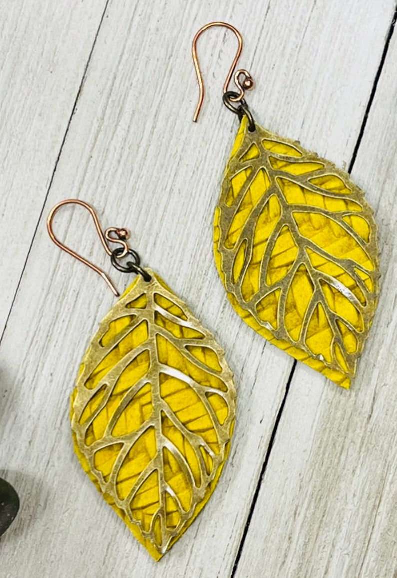 Mustard Yellow Leather Earrings Burnt Orange Leather Etsy