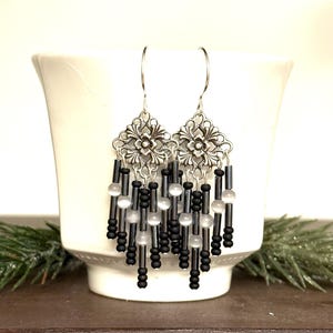 Black and Navy Blue Fringe Earrings, Seed Bead Earrings, Beaded Fringe Dangly Earrings