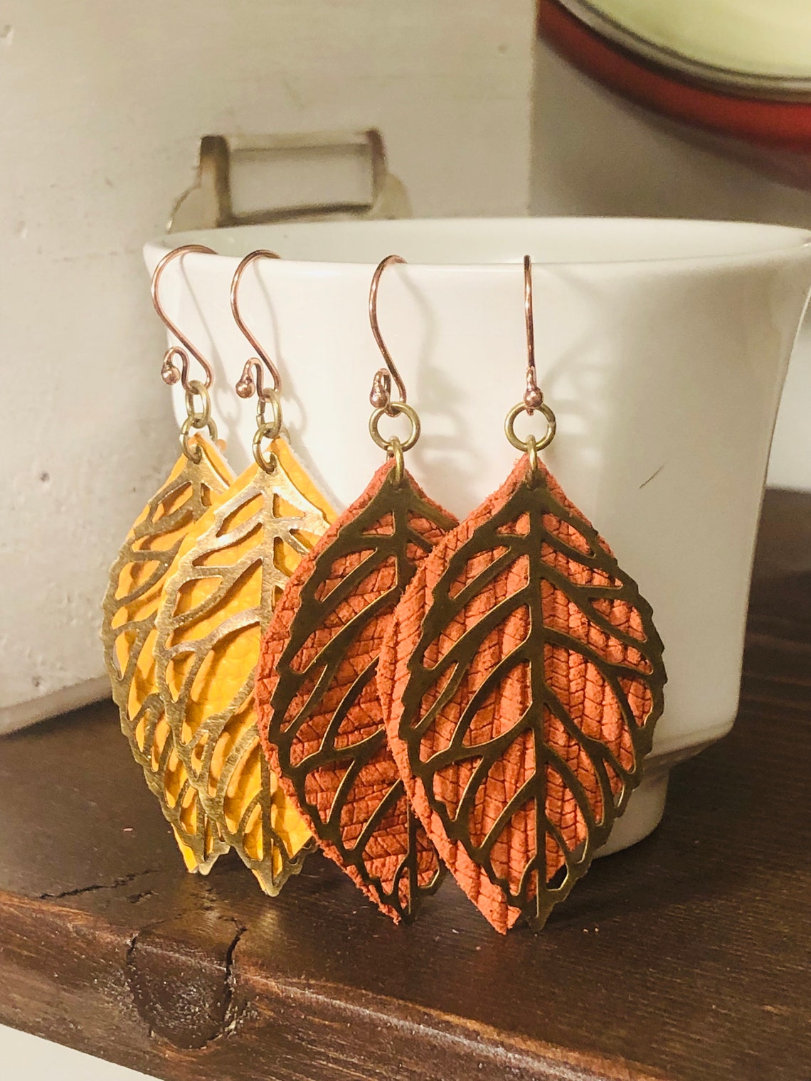 Mustard Yellow Leather Earrings Burnt Orange Leather Etsy