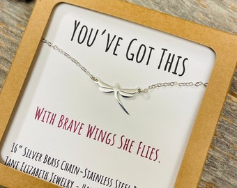 Dragonfly Necklace, Encouraging Jewelry Gift, Silver Necklace, With Brave Wings She Flies, Affirmation Jewelry, Handmade Gift for a Girl