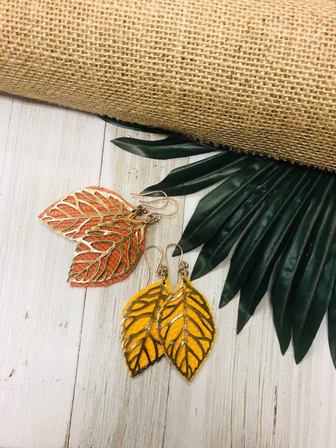 Mustard Yellow Leather Earrings Burnt Orange Leather Etsy