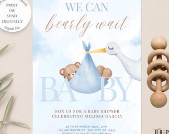 Teddy Bear Baby Shower Bundle We Can Bearly Wait Invitation Boy Gender Neutral Party Invite Blue Editable Instant Download Stork