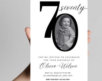 70th Birthday Invitation, Digital Download, For Men or Women, Photo Adult Birthday Invite Editable & Printable, Minimalist Black and White