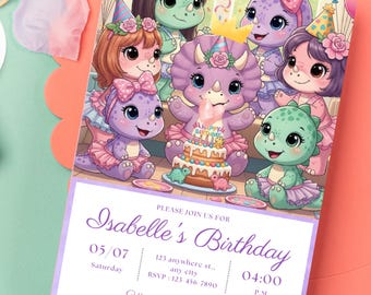 Pastel Dinosaur Birthday Invitation Girl Three Rex Party Editable Invite Cute Dino Pink Template Printable Jursassic Purple T Rex Digital