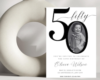 50th Birthday Invitation, Digital Download, For Men or Women, Photo Adult Birthday Invite Editable & Printable, Minimalist Black and White