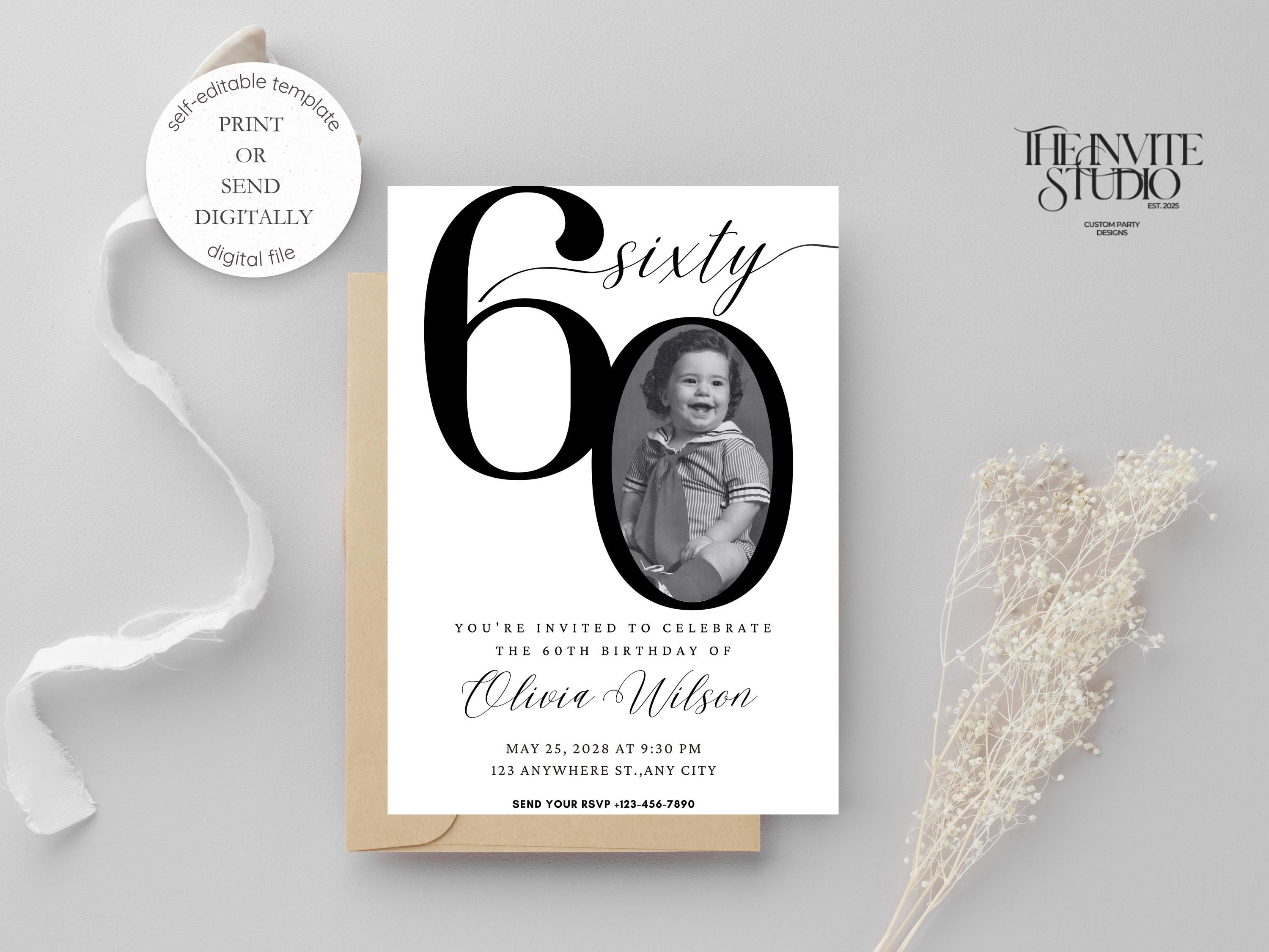 60th Birthday Invitation, Digital Download, For Men or Women, Photo Adult Birthday Invite Editable & Printable, Minimalist Black and White