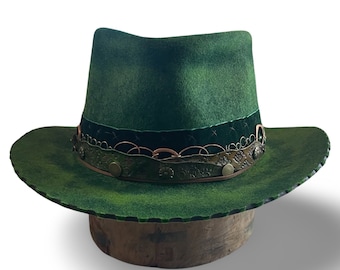 Distressed Green Wool Felt Hat: Handcrafted Festival Hat