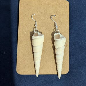 May include: A pair of earrings made from natural, cream-colored seashells. Each earring features a long, spiraled shell suspended from a silver-colored hook. The earrings are displayed on a brown card against a dark blue background.