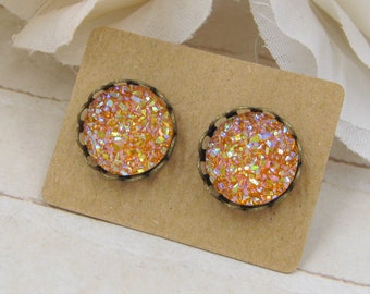 Orange Druzy Earrings - Druzy Stud Earrings - Faux Druzy Post Earrings