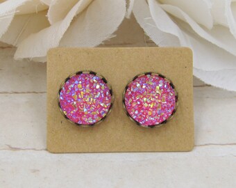 Pink Red Druzy Earrings - Iris Druzy Stud Earrings - Faux Druzy Post Earrings