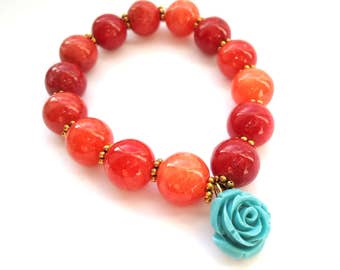 Wife Statement Jewelry - Red Boho Bracelet - Blue Rose Bracelet - Gemstone Jewelry Gift - Rose - Red Rustic Bracelet Flower Jewelry for Wife