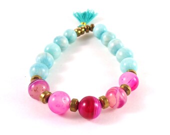 Pink Bracelet - Aqua Blue Bracelet - Tassel Bracelet - Blue Quartz Bracelet - Pink Agate Bracelet - Vintage Chic - Dainty Tassel
