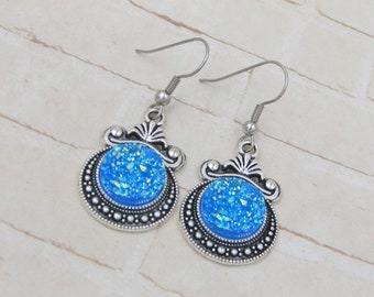 Blue Druzy Earrings - Druzy Dangle Earrings - Silver Earwire