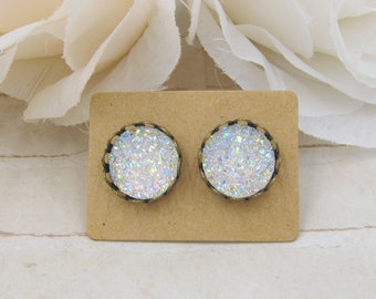 White Druzy Cabochon Earrings - Druzy Stud Earrings - Faux Druzy Post Earrings