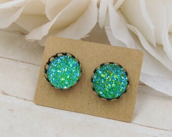 Green Druzy Earrings - Druzy Stud Earrings - Faux Druzy Post Earrings