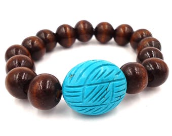 Wood Bracelet - Wood Jewelry - Wooden Bracelet - Wood Bead Bracelet - Bead Bracelet - Turquoise Anniversary Gift - Turquoise Magnesite Brace