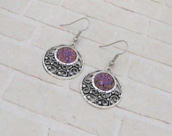 Purple Druzy Earrings - Druzy Dangle Earrings - Silver Earwire