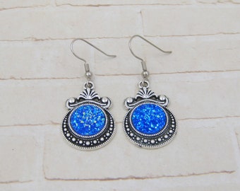 Blue Druzy Earrings - Druzy Dangle Earrings - Silver Earwire