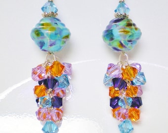 Multicolor Abstract Lampwork Cluster Earrings in Purple,Aqua and Orange, Long Colorful Lampwork Earrings