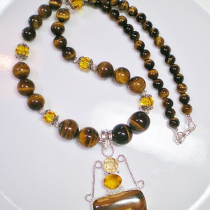 Tigers Eye Necklace with Iron Tigers Eye Pendant with Lab Created Citrine Accents