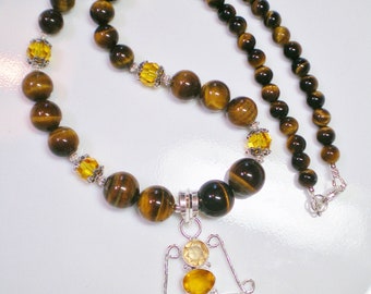 Tigers Eye Necklace with Iron Tigers Eye Pendant with Lab Created Citrine Accents